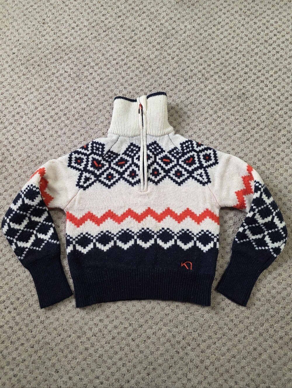 Kari Traa Agnes Knit Fair Isle Sweater in Cream, Navy & Orange